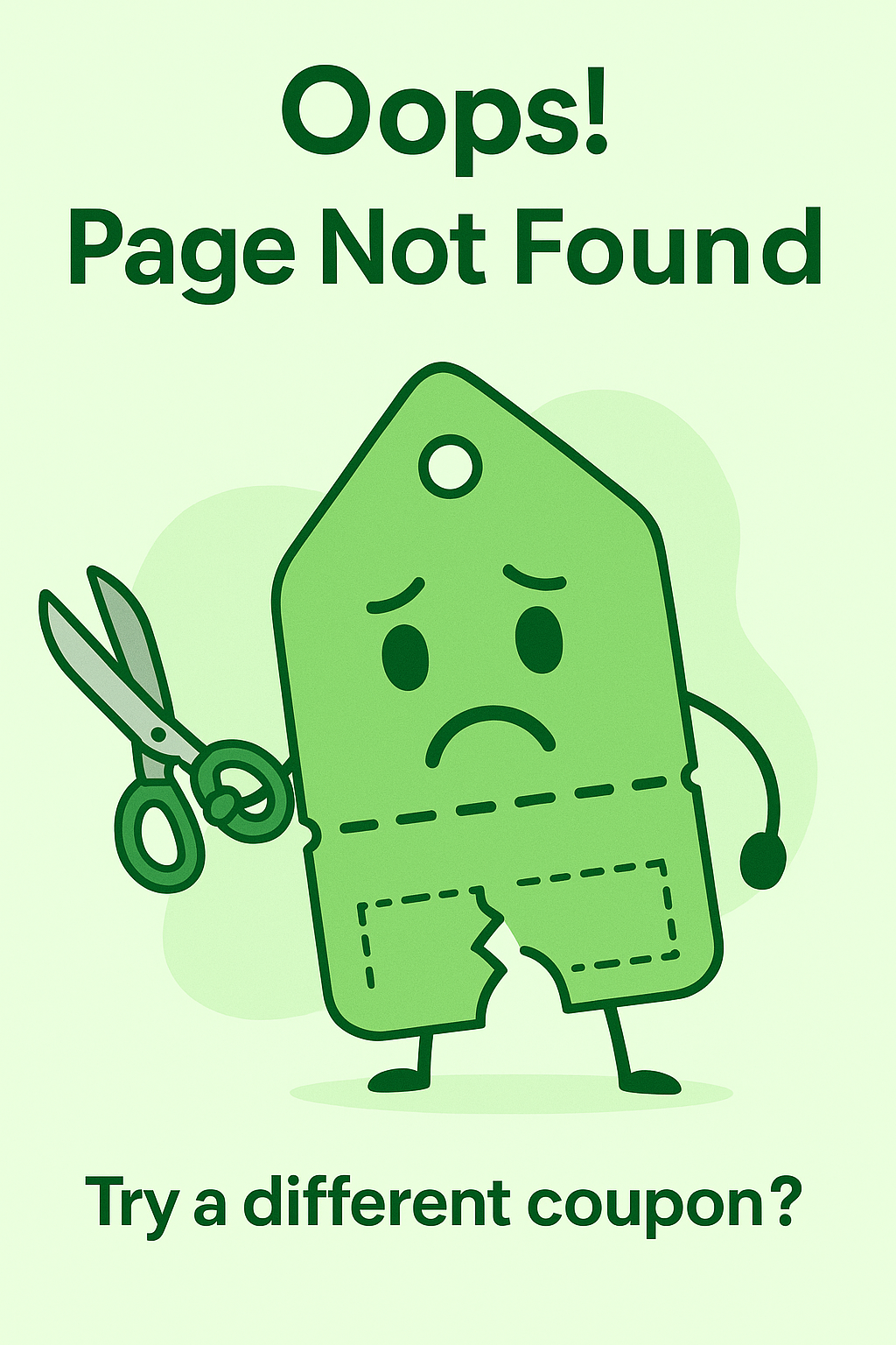 Sad green price tag holding scissors next to a broken coupon; shopping cart fading in the background.