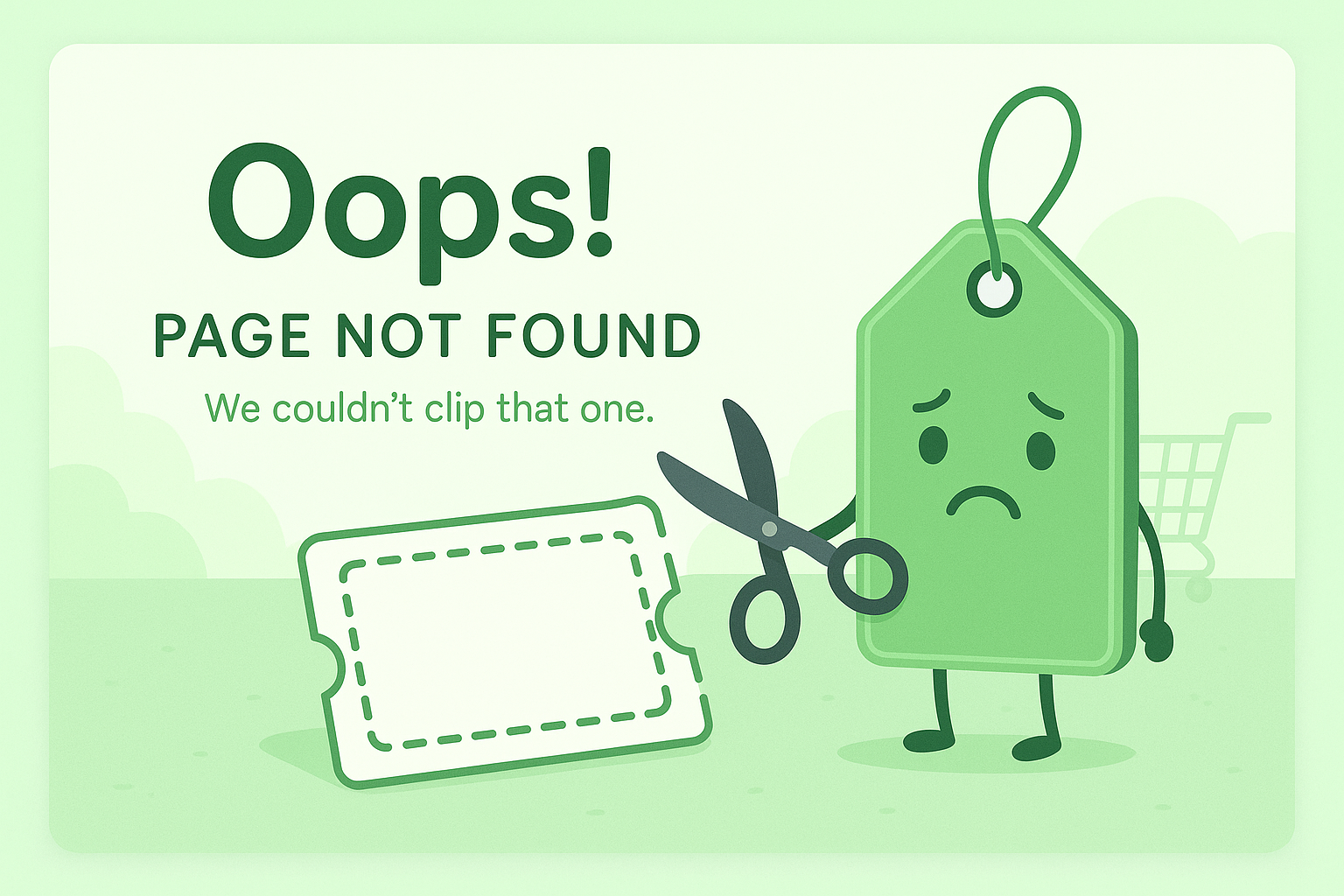 Sad green price tag holding scissors next to a broken coupon; shopping cart fading in the background.